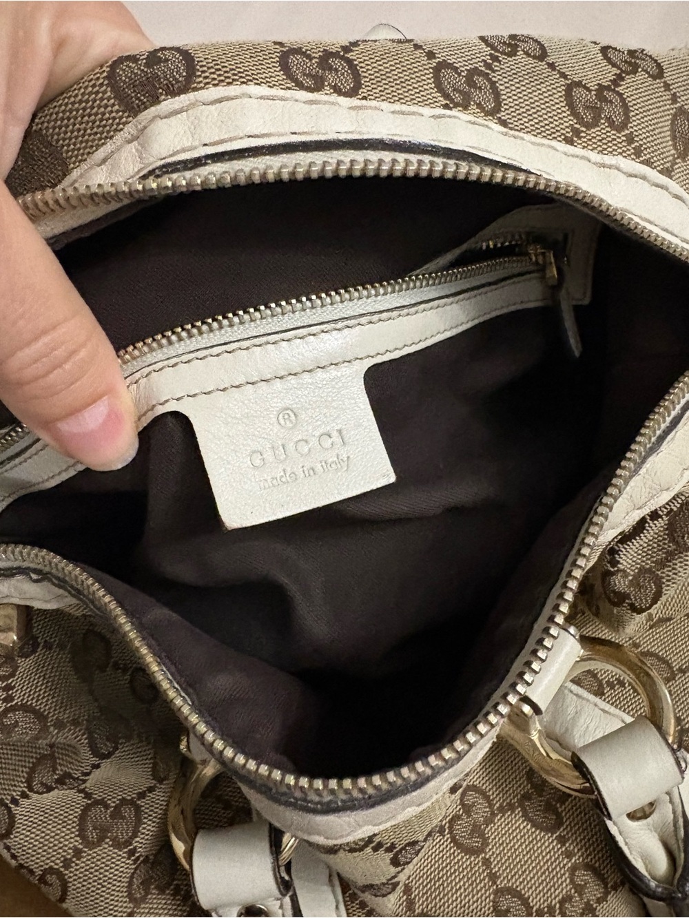 Gucci Beige GG Canvas Satchel with White Leather Trim and Gold Hardware - Picture 5 of 6